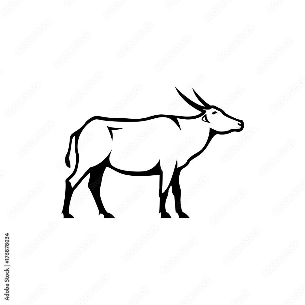 Vector asiatic buffalo silhouette view side for retro logos, emblems, badges, labels template vintage design element. Isolated on white background