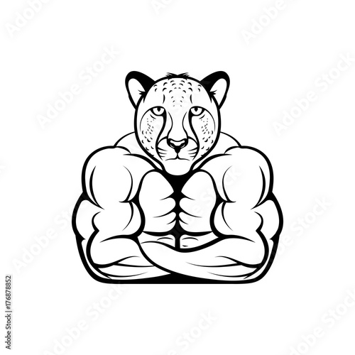 Vector fitness body with cheetah head, face  for retro logos, emblems, badges, labels template and t-shirt vintage design element. Isolated on white background