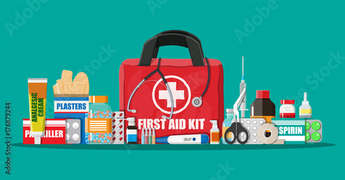 Medical first aid kit with pills and devices
