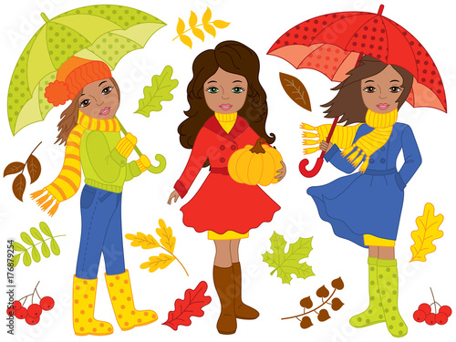 Vector Autumn Set with African American Girls and Colorful Leaves
