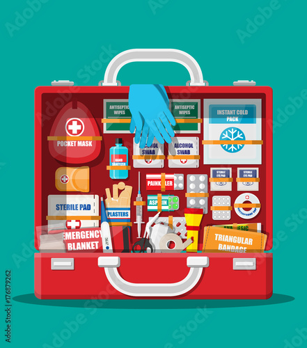 First aid kit with medical equipment