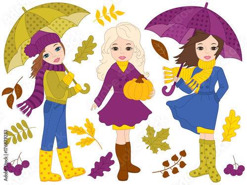 Vector Autumn Set Includes Girls and Colorful Leaves