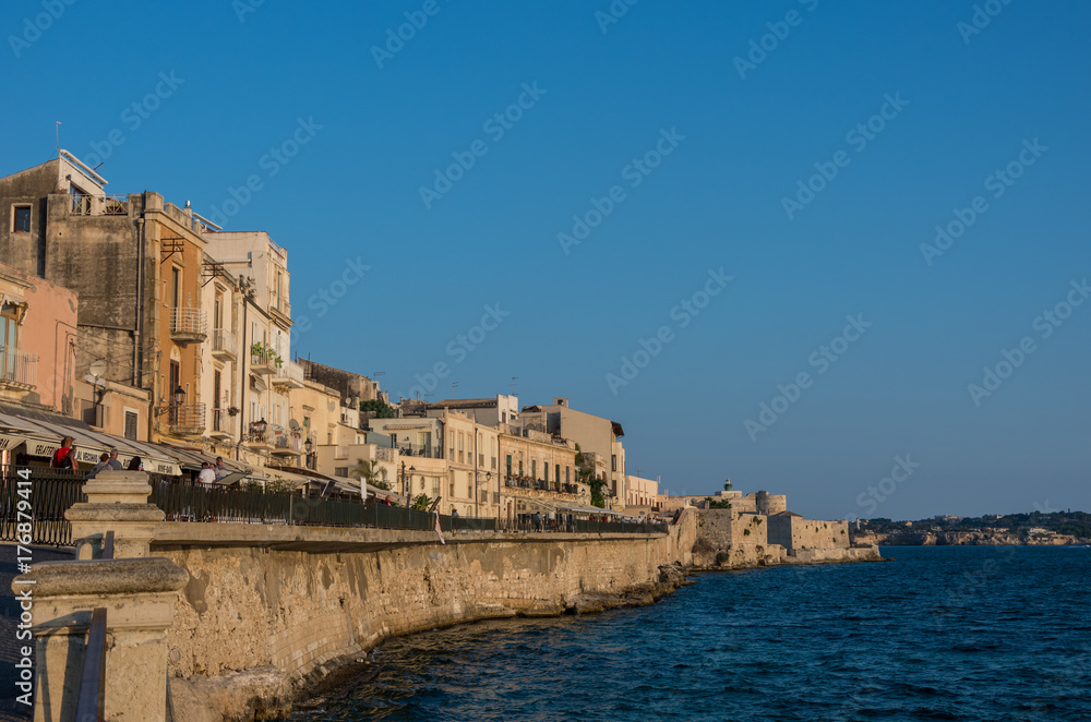 Sunset in Embankment of Ortygia island, Syracuse city, in Sicily.