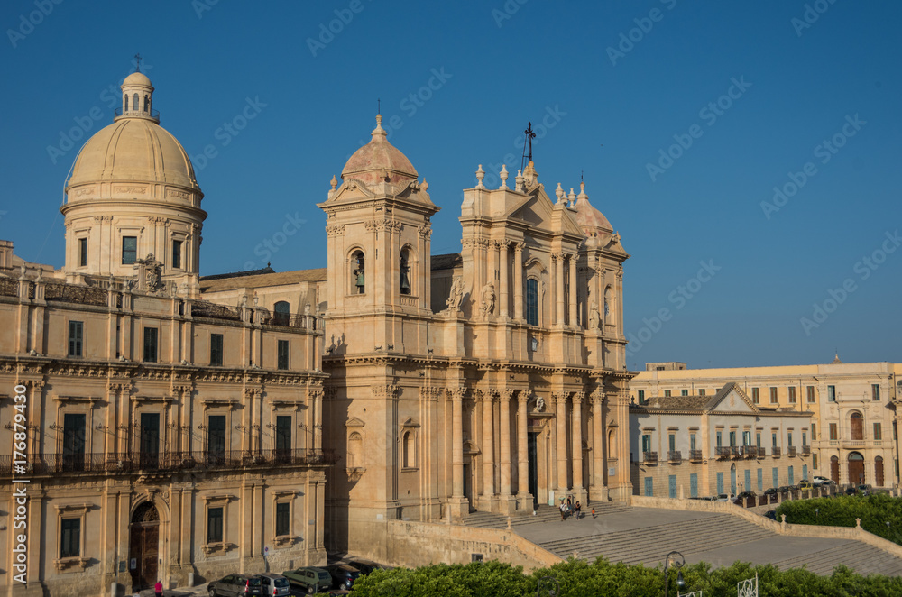 The famous baroque cathedral of Noto in sunset. View from belltower of St. Charles Church. Sicily, Italy