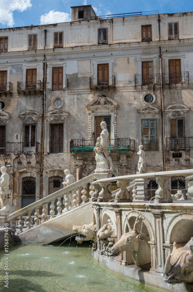 Baroque fountain with nude figurines on piazza Pretoria in Palermo, Sicily, Italy