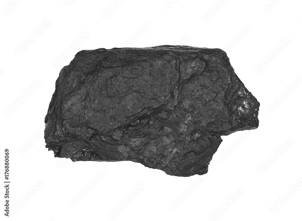 Pile black coal isolated on white background, top view
