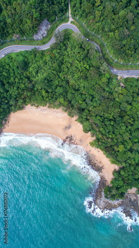 Sea aerial view,Top view,amazing nature background.The color of the water and beautifully bright.Azure beach with rocky mountains and clear water of Thailand ocean at sunny day.