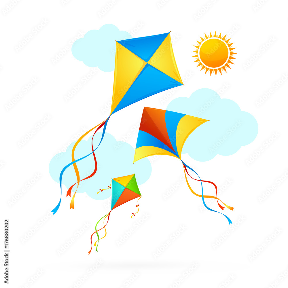 Fototapeta premium Flying Kite and Clouds on a Sky Summer Concept Background. Vector