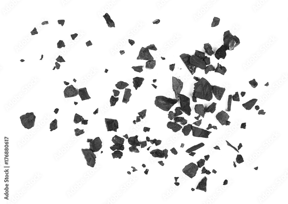 Pile black coal isolated on white background, top view
