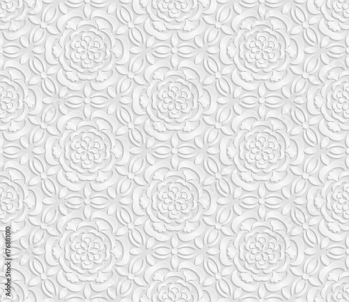 Seamless 3D white pattern, floral pattern, indian ornament, persian motif, vector. Endless texture can be used for wallpaper, pattern fills, web page background, surface textures.