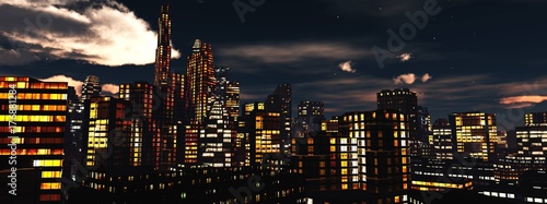 view of the night city, panorama of the night city, clouds over skyscrapers, 3d rendering