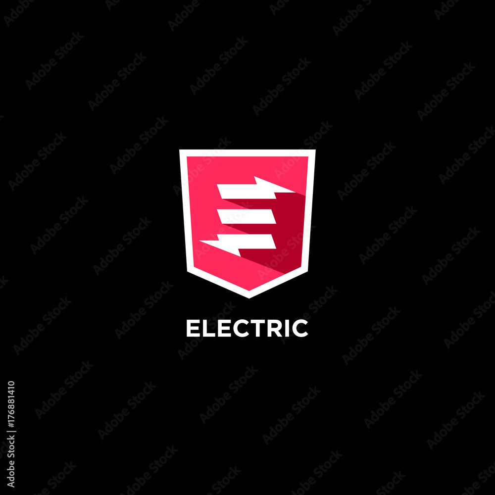 Electric flat logo. E monogram. E with lightning on the red badge. Electric flat logo. E monogram. E with lightning on the red badge.