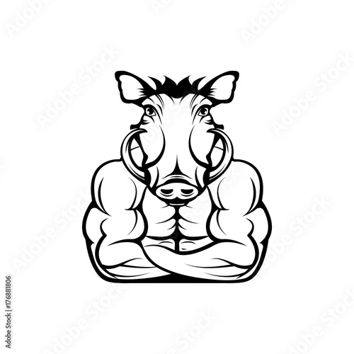 Vector fitness body with warthog head, face  for retro logos, emblems, badges, labels template and t-shirt vintage design element. Isolated on white background