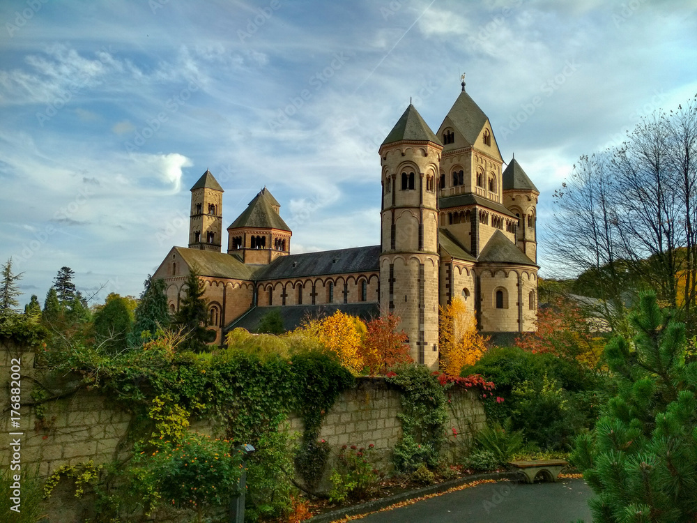 Old medieval benedictine Abbey in Maria Laach, Germany, first founded in 1093 - front view Old medieval benedictine Abbey in Maria Laach, Germany, first founded in 1093 - front view