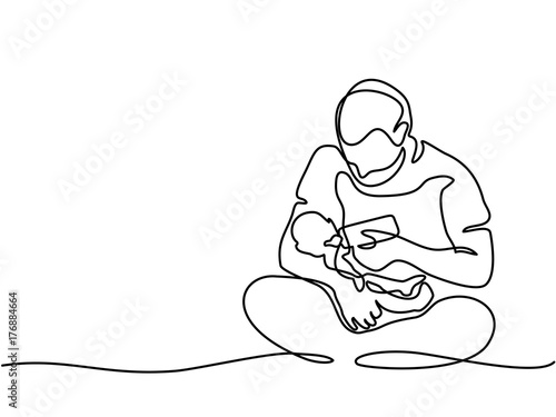 Continuous line drawing. Young father feeding baby from bottle. Vector illustration. Total editable, choose thickness and place of line photo