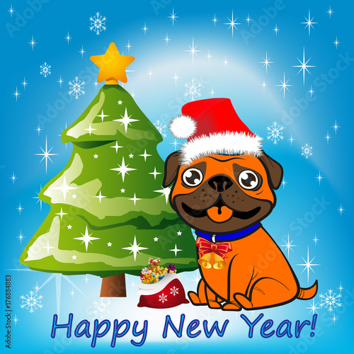 Illustration, Christmas orange dog sitting near a Christmas tree in a Santa Claus hat,