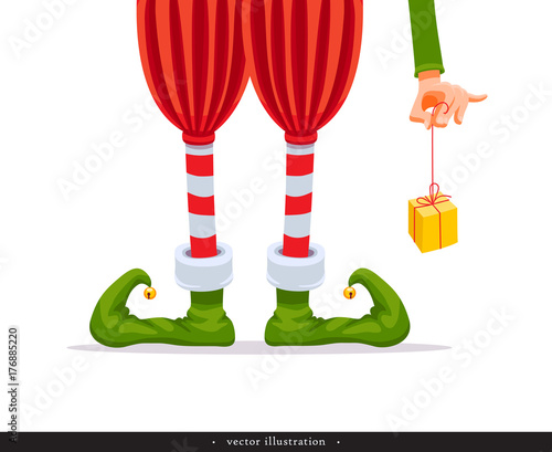 Elf's legs and Elf's hand with a gift. Creative Christmas composition. Vector illustration