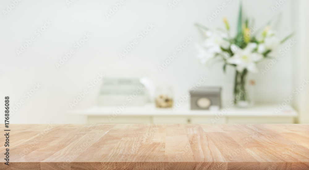 Real wood table top texture on white wall room background.For create product display or key visual layout - obrazy, fototapety, plakaty 