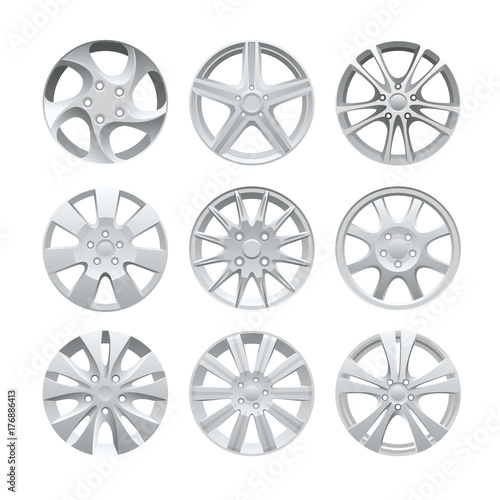 Close up of rims car alloy wheel. Aluminum wheel vector set. Figured alloy rim for car, tracks.