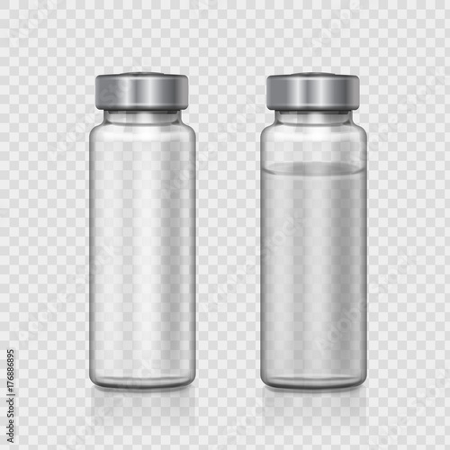 Transparent glass medical ampoule. Realistic vector illustration.