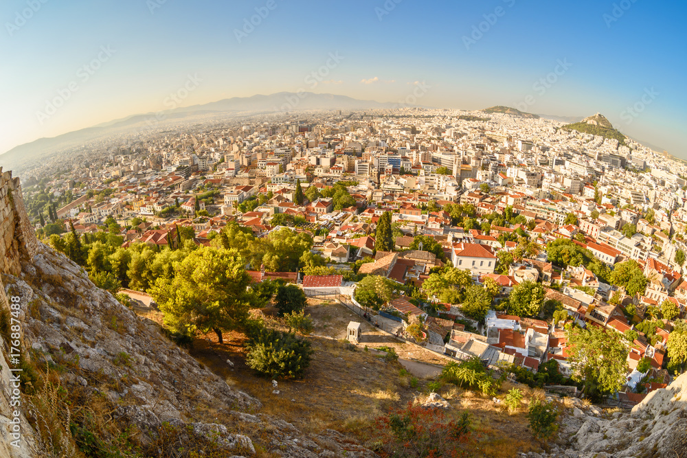Naklejka premium View of the old city of Athens from the Acropolis. Fisheye view