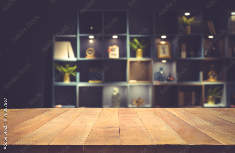 Real wood table top texture on dark room interior design   create product display or design key visual Stock Photo | Adobe Stock
