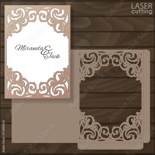 Die laser cut wedding card vector template. Invitation envelope with lace frame. Wedding lace invitation mockup. Template for cutting. Die cut pocket envelope template.