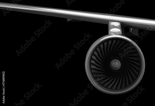 3d rendering. airplane turbine fan engine on black background with copy space