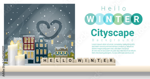 Letters spelling hello winter on wooden table top with winter cityscape background , vector , illustration