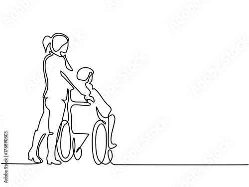 Continuous line drawing. Young woman push the old man on wheelchair. Vector illustration total editable, choose thickness and place of line