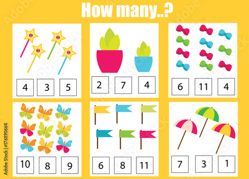Counting educational children game, math kids activity. How many objects task