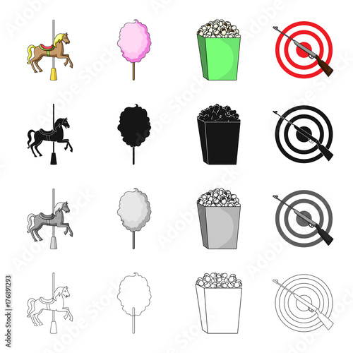 Attraction carousel, sweet cotton wool, popcorn, entertainment shooting range. Amusement park set collection icons in cartoon black monochrome outline style vector symbol stock isometric illustration