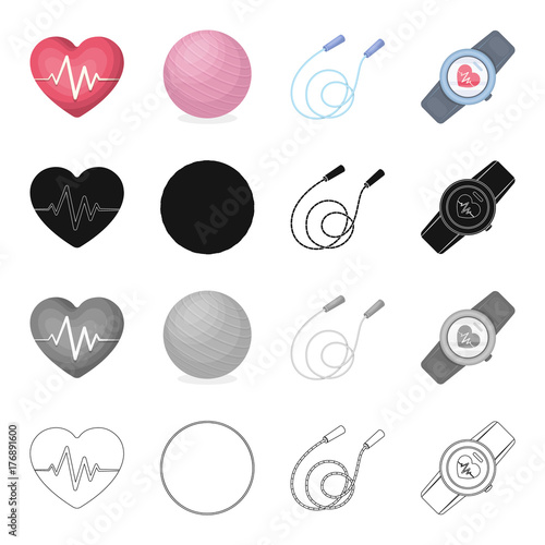 Heart with a cardiogram, ball, a training rope, a pulse watch. Training and a gym set collection icons in cartoon black monochrome outline style vector symbol stock isometric illustration web.