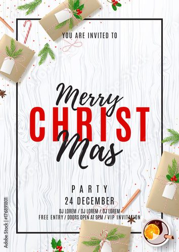Merry Christmas Party Poster. Top view on Festive Decoration. Holiday Composition with Paper Gift Boxes on Wooden Texture. Greeting Card with Lettering. Invitation to nightclub. Vector Illustration.