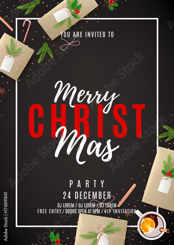 Merry Christmas Party Flyer. Top view on Festive Decoration. Holiday Composition with Paper Gift Boxes on Black Backdrop. Greeting Card with Lettering. Invitation to nightclub. Vector Illustration.