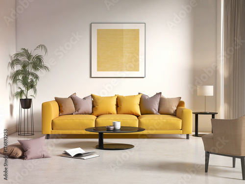 Contemporary modern interior with yellow sofa