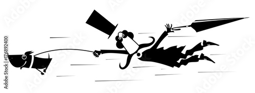Disobedient dog drags a man who get lost his hat and umbrella by leash isolated