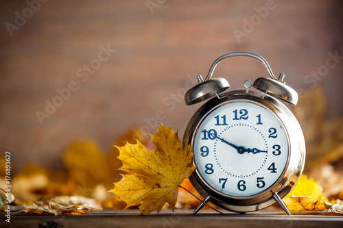 Vintage alarm clock and maple tree leaves