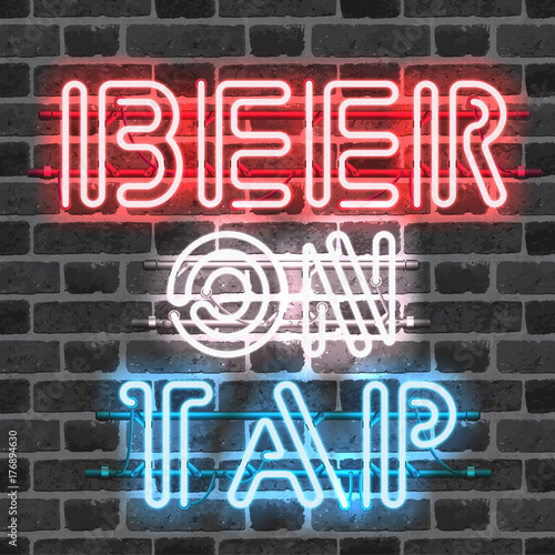 Glowing neon bar sign BEER ON TAP on brick wall background. Shining and glowing neon effect. All elements are separate units with wires, tubes, brackets and holders.