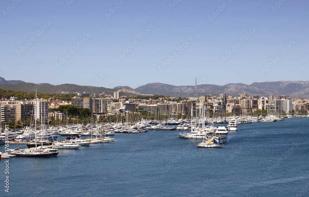 Aerial view of Palma De Mallorca city and marina. It is a resort city and capital of the Spanish island of Majorca in the western Mediterranean.