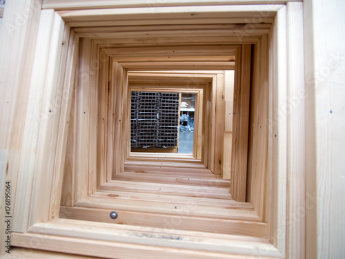 New wooden window frames arranged in a row