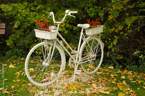 old bike painted white with flowerpots in the garden in autumn