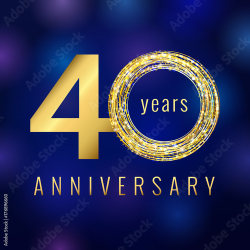 40 years old luxurious numbers. Congratulations 40th tag with sparks and stars. Congratulating greetings celebrates. Celebrating traditional golden 4, letter O, 0 zero, % isolated blue template.