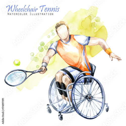 Watercolor illustration. Wheelchair Tennis sport. Figure of disabled athlete in the wheelchair with a racket. Active people. Disability and social policy. Social support.