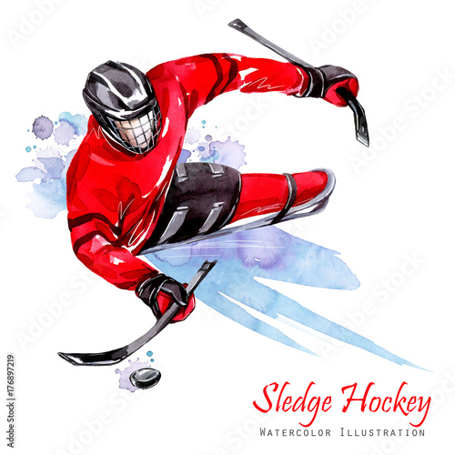Watercolor illustration. Sledge Hockey. Disability snow sports. Figure of disabled athlete on the ice with a puck. Active people. Disability and social policy. Social support. Extreme games.