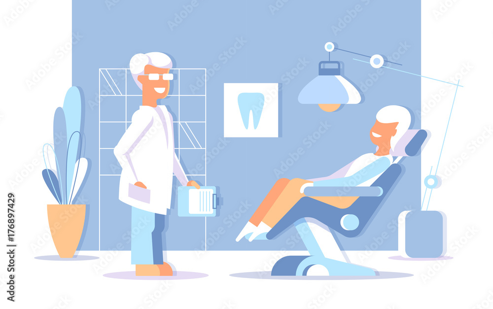 Dentist reception illustration. Dental clinic concept. Happy and easy stomatological service conceptual image.