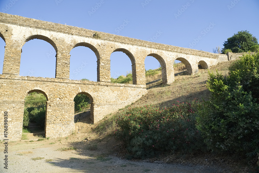 Aqueduct in Almunecar, Granada province, Andalusia, Spain                           