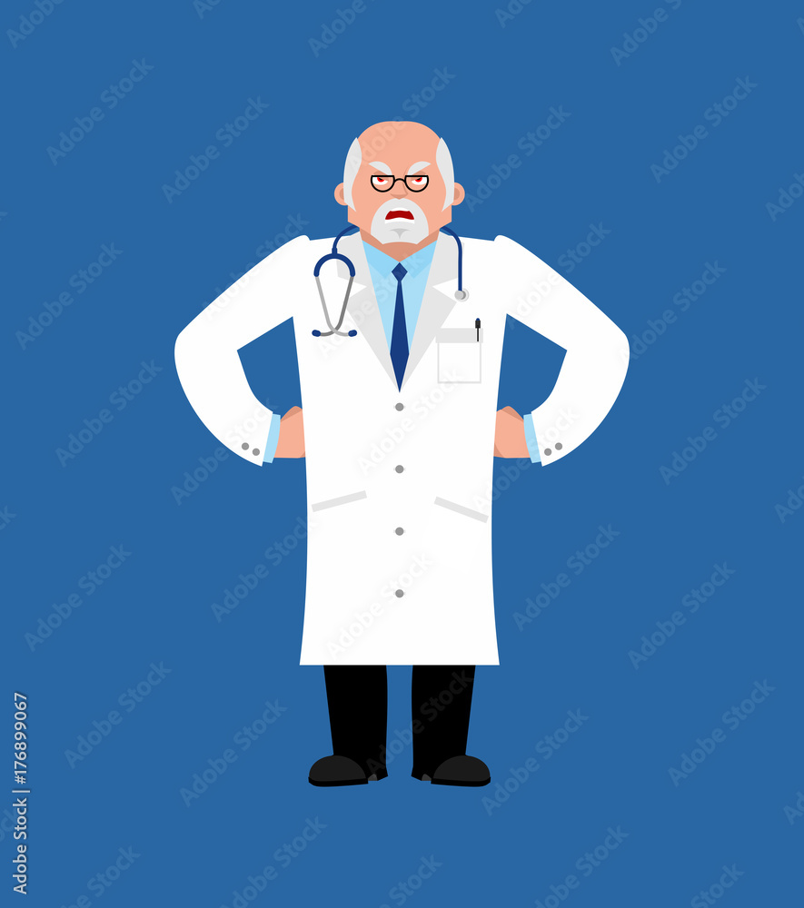 Doctor angry. Physician evil emoji. Vector illustration