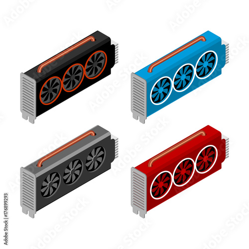 Mining video card set. Miner of GPU. Technology extraction crypto currency. Virtual money. Vector illustration