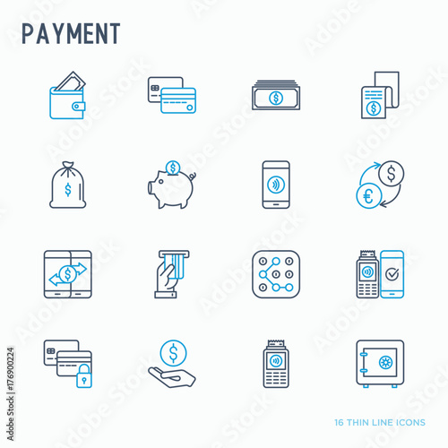 Payment thin line icons set: credit card, money flow, saving, atm, mobile payment. Vector illustration.